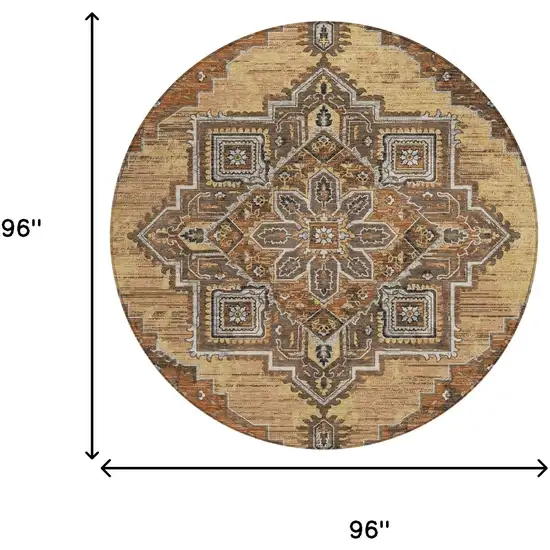 8' Copper And Beige Round Oriental Washable Indoor Outdoor Area Rug Photo 7