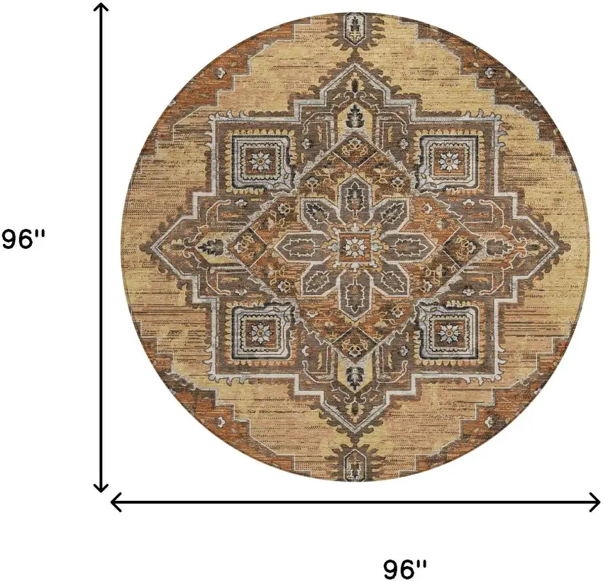 8' Copper And Beige Round Oriental Washable Indoor Outdoor Area Rug Photo 7