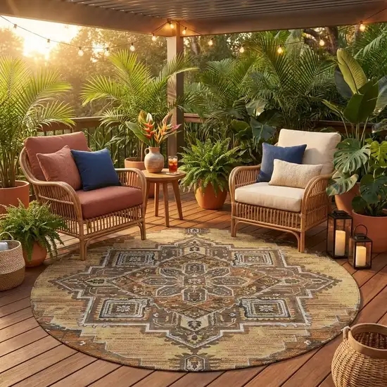 8' Copper And Beige Round Oriental Washable Indoor Outdoor Area Rug Photo 1