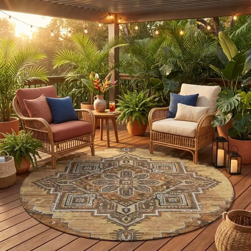 8' Copper And Beige Round Oriental Washable Indoor Outdoor Area Rug Photo 1