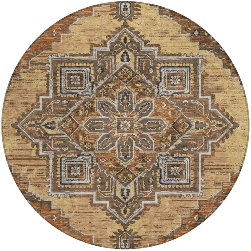 8' Copper And Beige Round Oriental Washable Indoor Outdoor Area Rug Photo 2