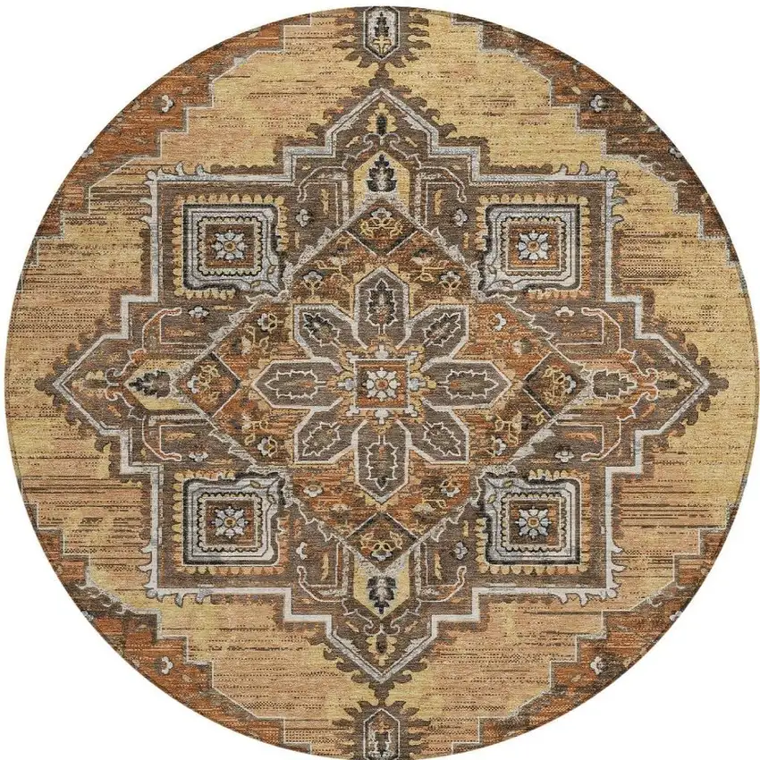 8' Copper And Beige Round Oriental Washable Indoor Outdoor Area Rug Photo 3