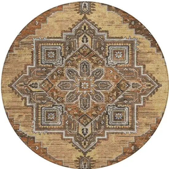 8' Copper And Beige Round Oriental Washable Indoor Outdoor Area Rug Photo 3