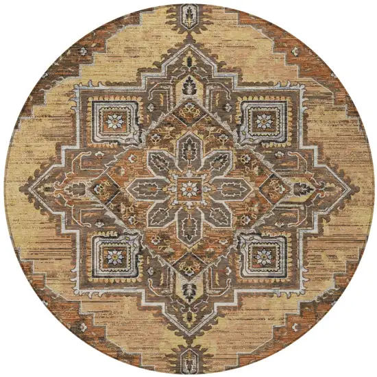 8' Copper And Beige Round Oriental Washable Indoor Outdoor Area Rug Photo 4