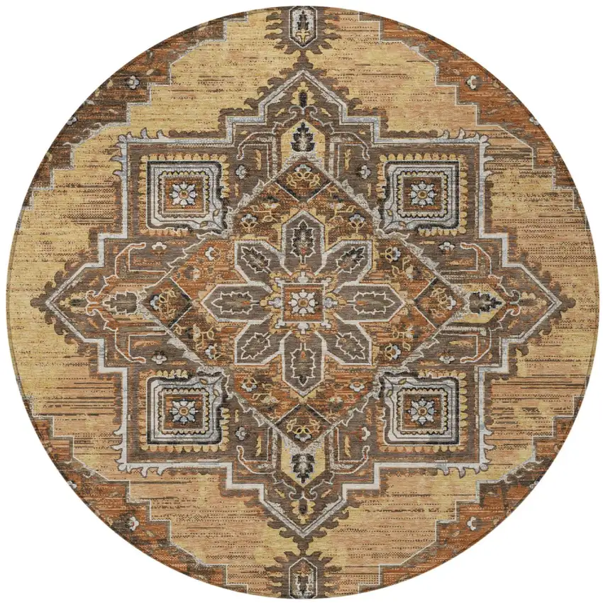 8' Copper And Beige Round Oriental Washable Indoor Outdoor Area Rug Photo 4