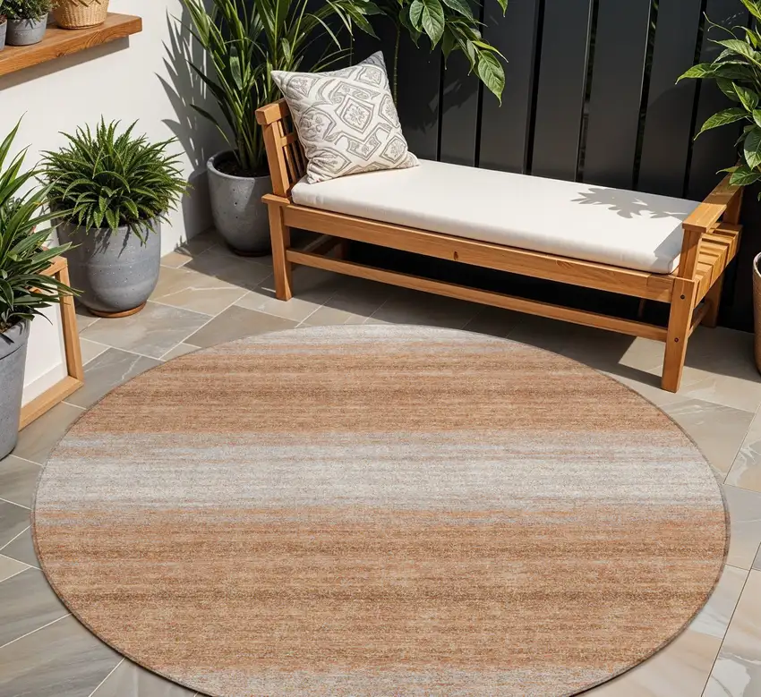 8' Copper And Beige Round Striped Washable Indoor Outdoor Area Rug Photo 1
