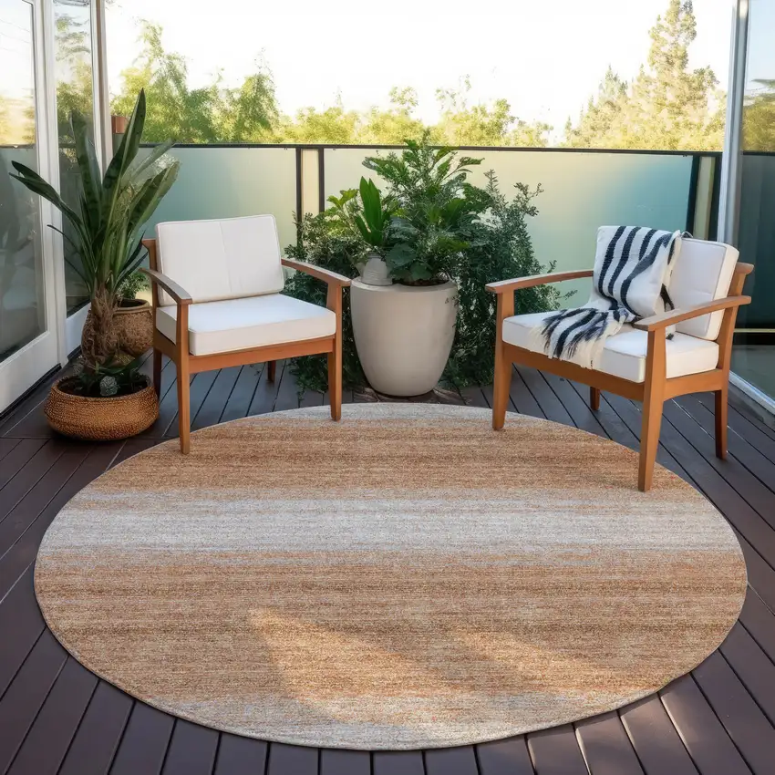 8' Copper And Beige Round Striped Washable Indoor Outdoor Area Rug Photo 5