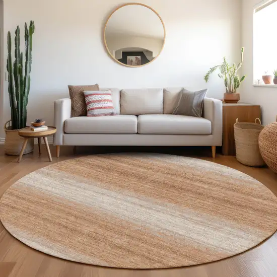 8' Copper And Beige Round Striped Washable Indoor Outdoor Area Rug Photo 6