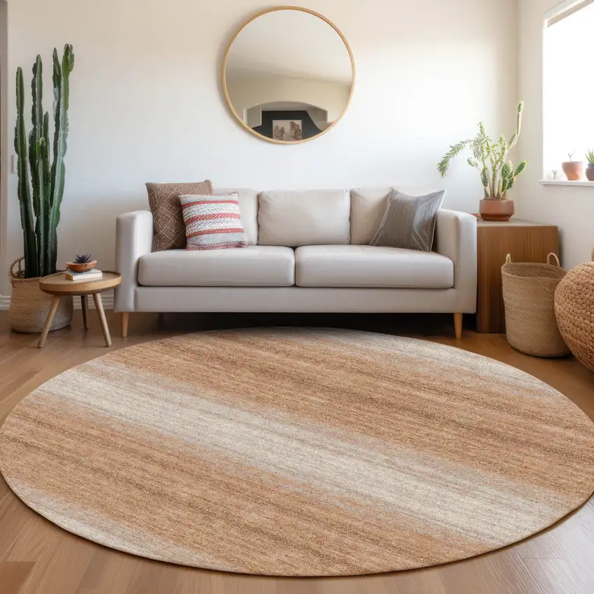 8' Copper And Beige Round Striped Washable Indoor Outdoor Area Rug Photo 6