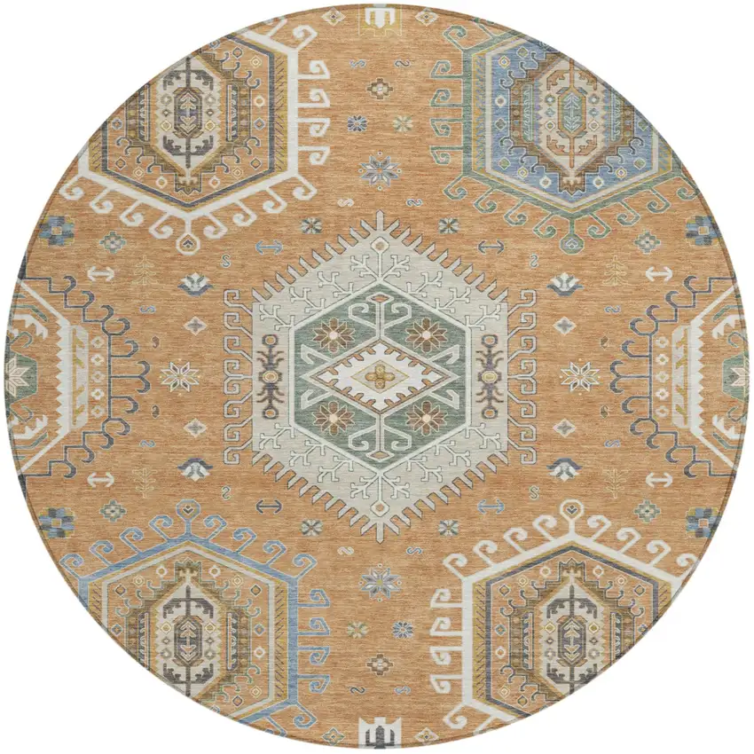8' Copper And Beige Round Tribal Washable Indoor Outdoor Area Rug Photo 1