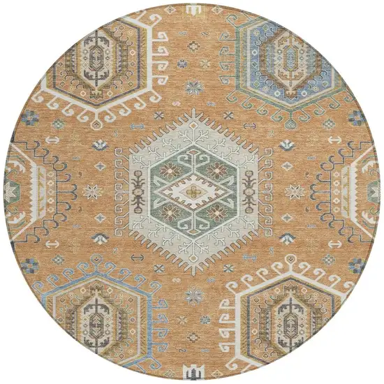 8' Copper And Beige Round Tribal Washable Indoor Outdoor Area Rug Photo 3