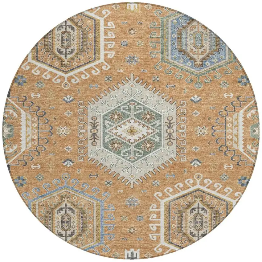 8' Copper And Beige Round Tribal Washable Indoor Outdoor Area Rug Photo 3