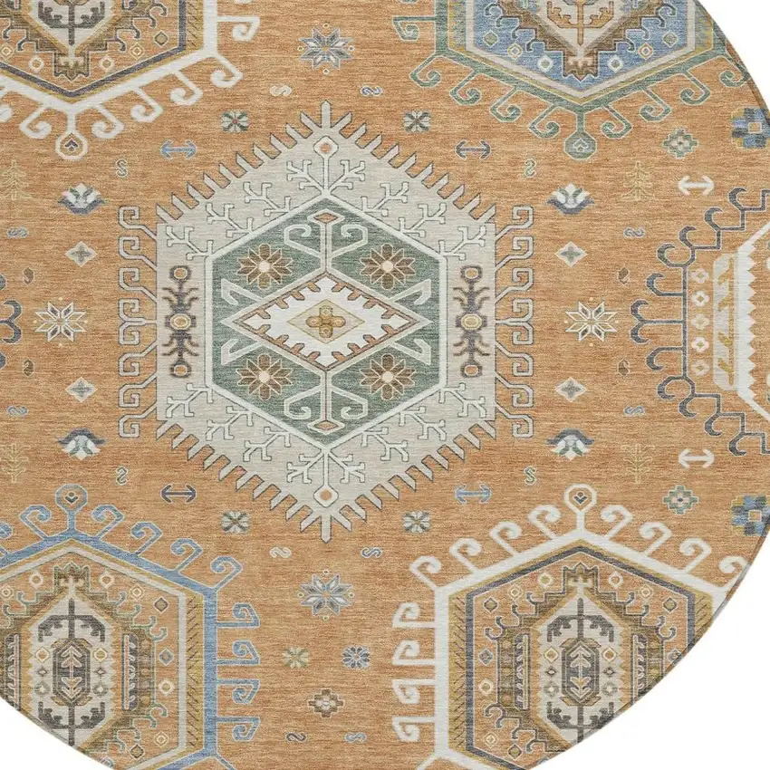 8' Copper And Beige Round Tribal Washable Indoor Outdoor Area Rug Photo 2