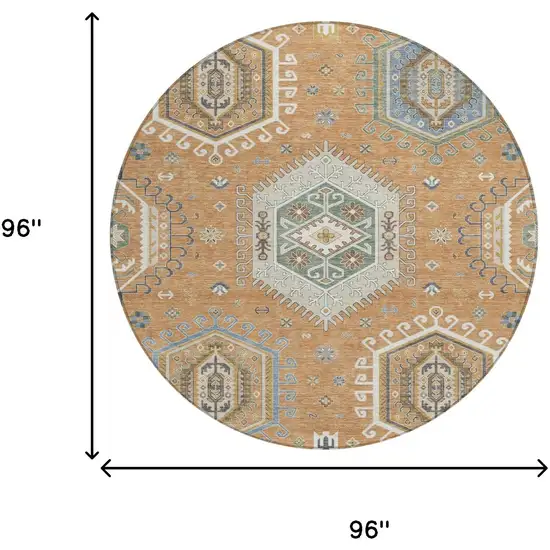 8' Copper And Beige Round Tribal Washable Indoor Outdoor Area Rug Photo 5