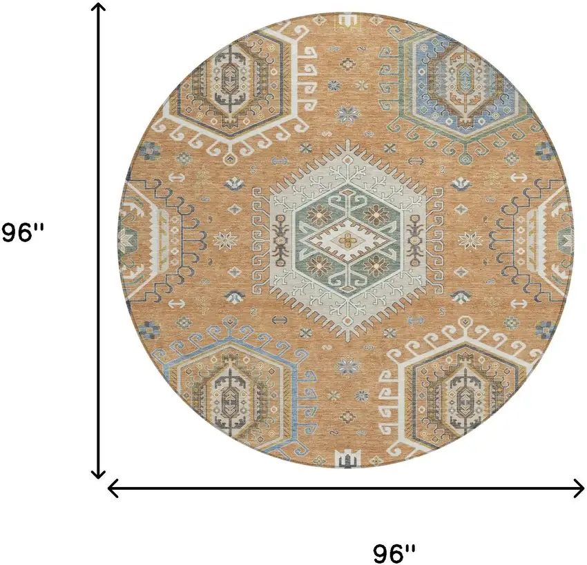 8' Copper And Beige Round Tribal Washable Indoor Outdoor Area Rug Photo 5