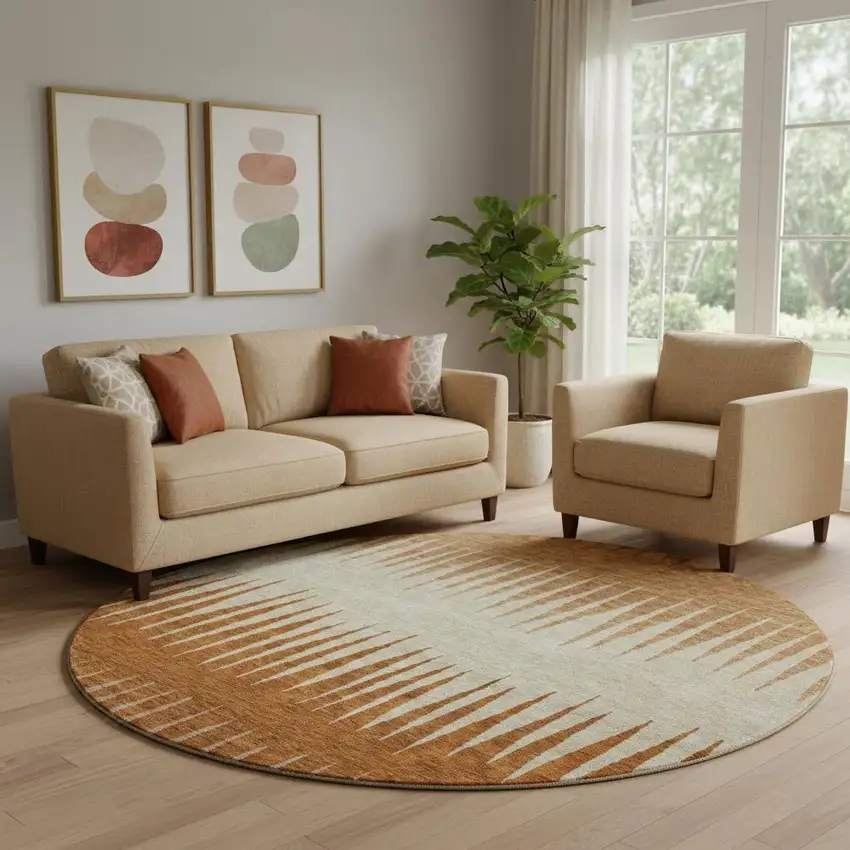 8' Copper And Beige Striped Washable Round Rug With UV Protection Photo 1