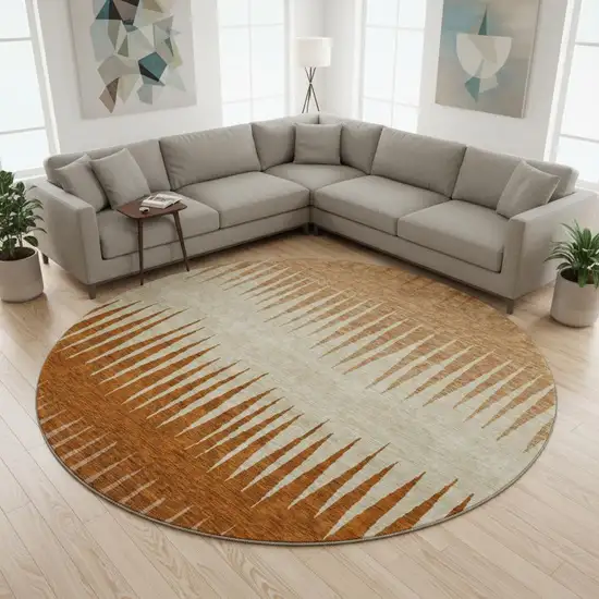 8' Copper And Beige Striped Washable Round Rug With UV Protection Photo 2