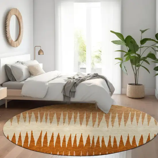 8' Copper And Beige Striped Washable Round Rug With UV Protection Photo 5