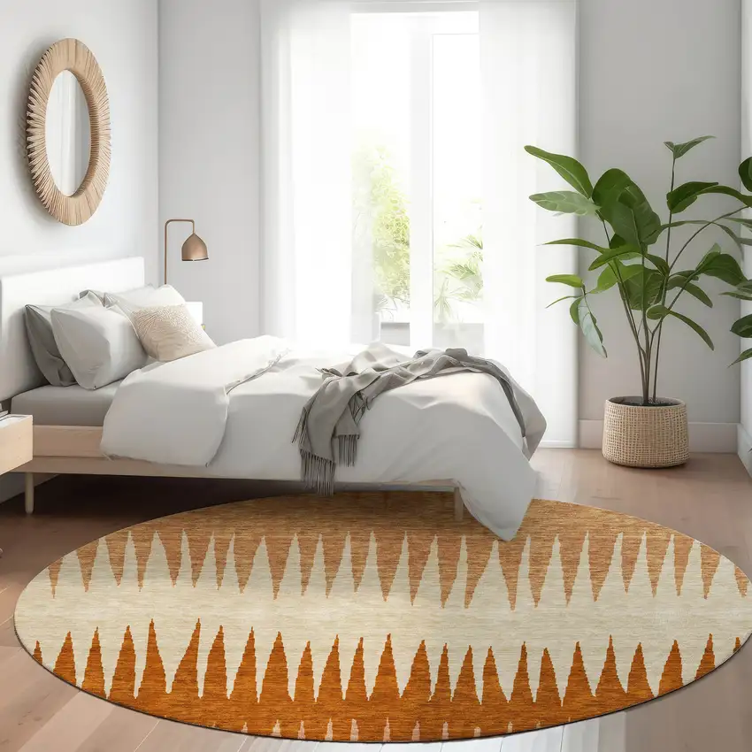 8' Copper And Beige Striped Washable Round Rug With UV Protection Photo 5