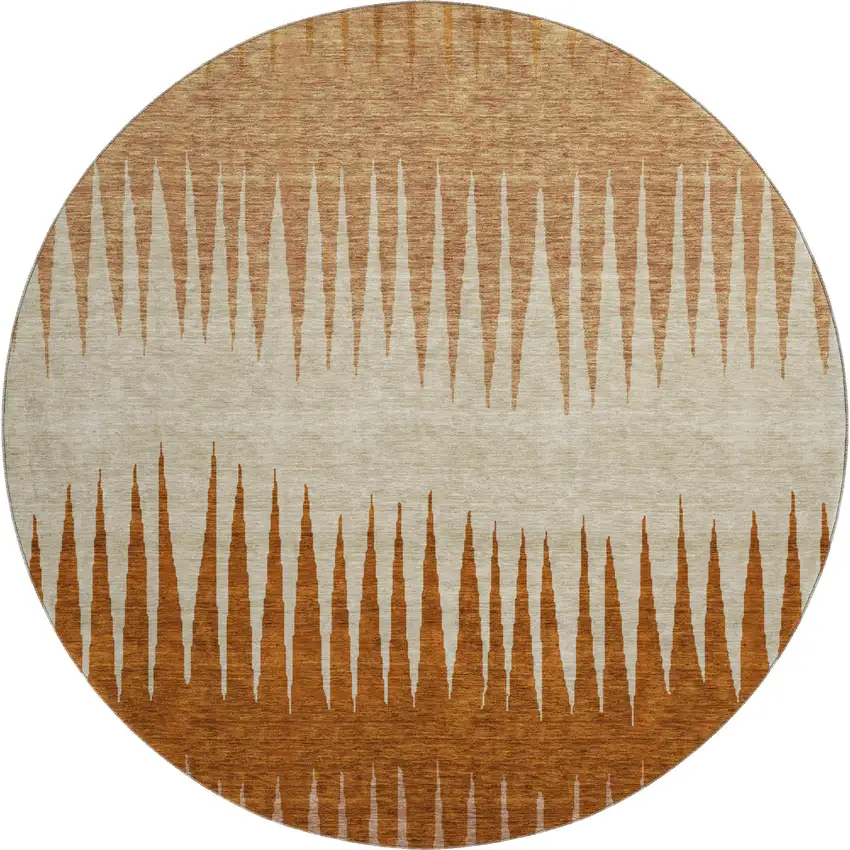 8' Copper And Beige Striped Washable Round Rug With UV Protection Photo 1