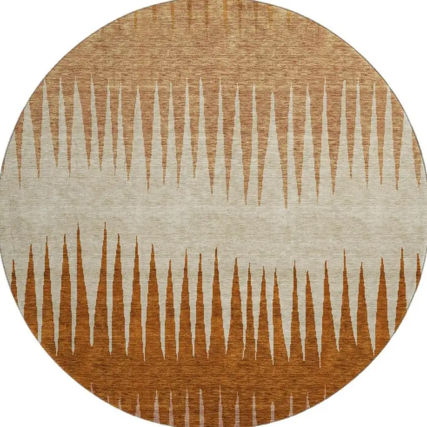 8' Copper And Beige Striped Washable Round Rug With UV Protection Photo 3
