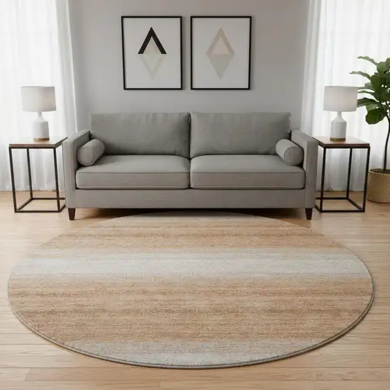 8' Copper And Beige Striped Washable Round Rug With UV Protection Photo 2