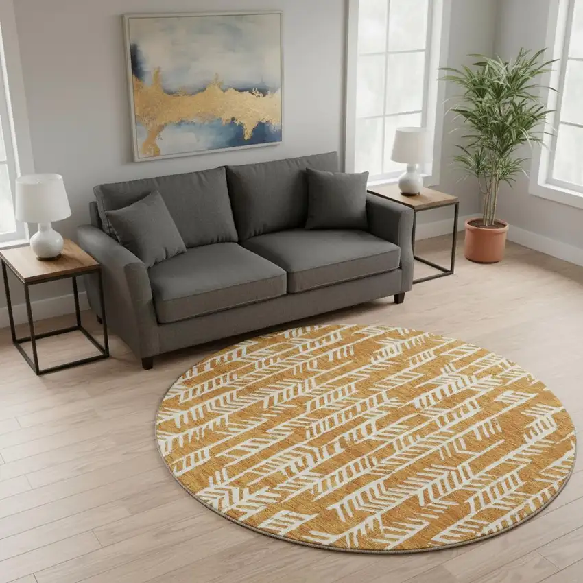 8' Copper And Beige Tribal Washable Round Rug With UV Protection Photo 2