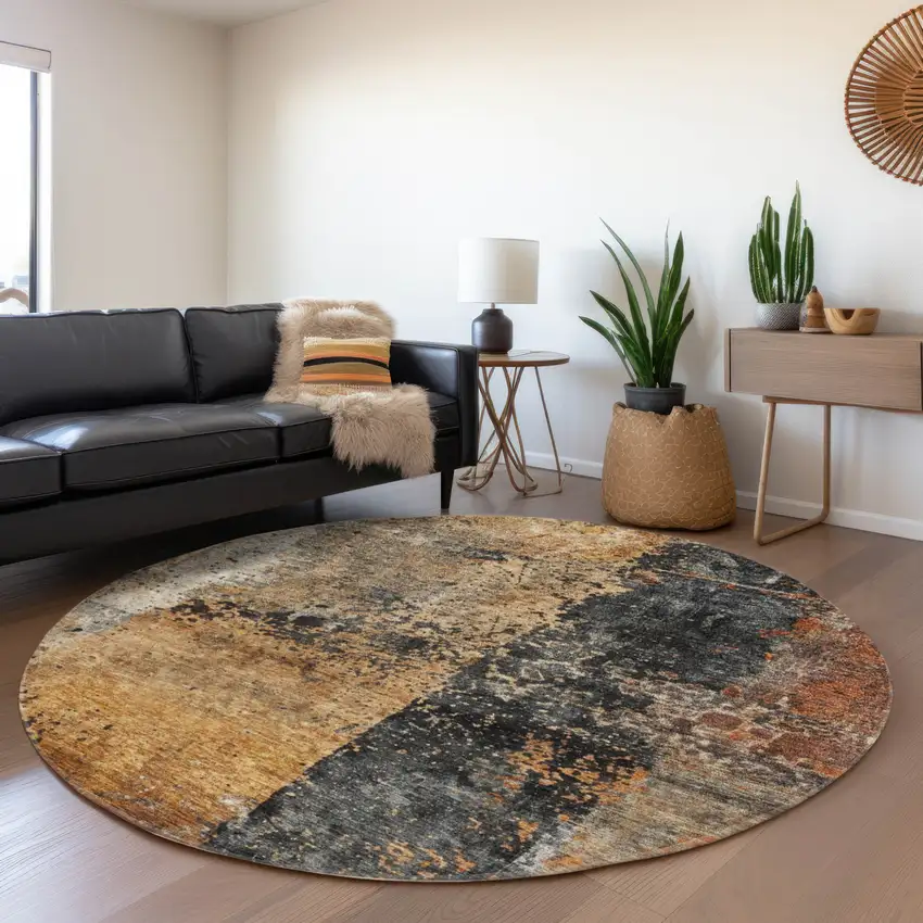 8' Copper And Black Round Abstract Washable Indoor Outdoor Area Rug Photo 7