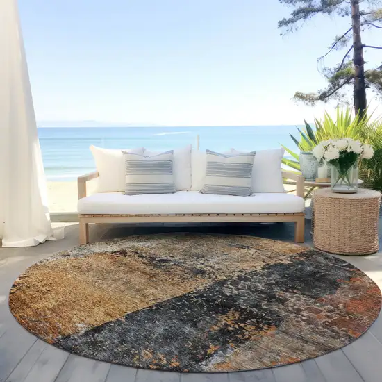 8' Copper And Black Round Abstract Washable Indoor Outdoor Area Rug Photo 6