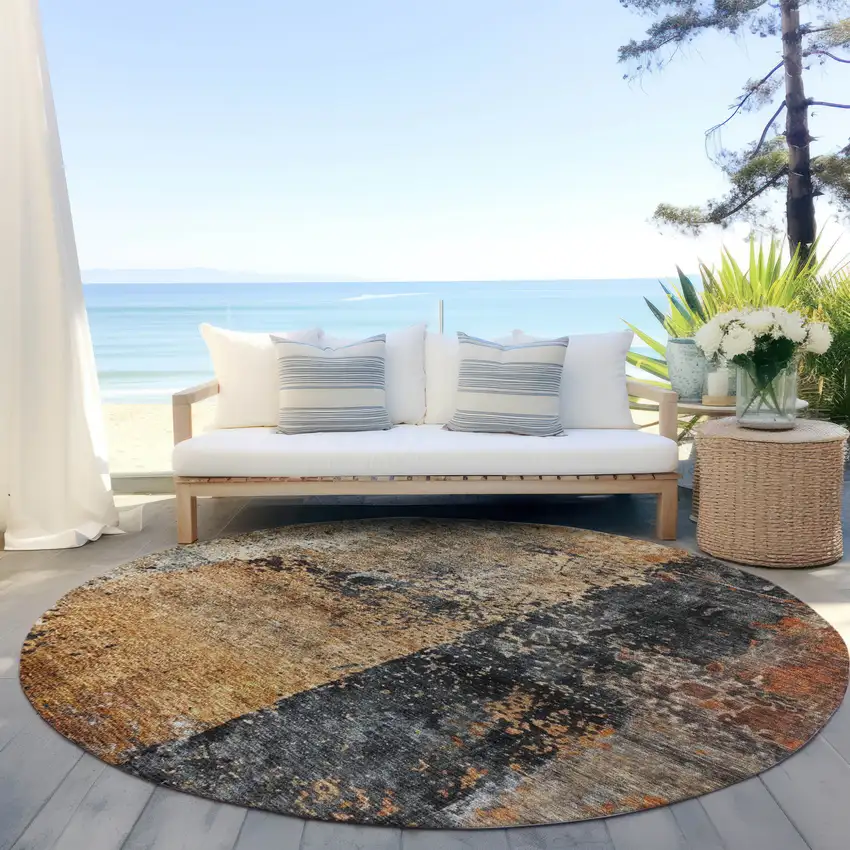 8' Copper And Black Round Abstract Washable Indoor Outdoor Area Rug Photo 6