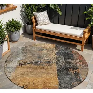 Photo of 8' Copper And Black Round Abstract Washable Indoor Outdoor Area Rug