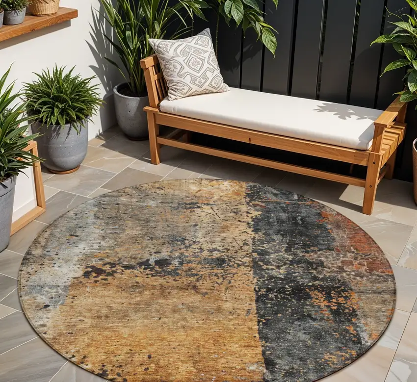 8' Copper And Black Round Abstract Washable Indoor Outdoor Area Rug Photo 1