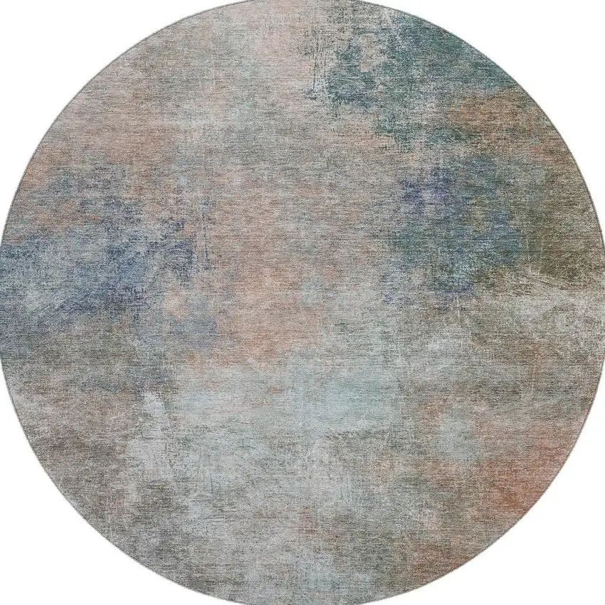 8' Copper And Blue Abstract Washable Round Rug With UV Protection Photo 3