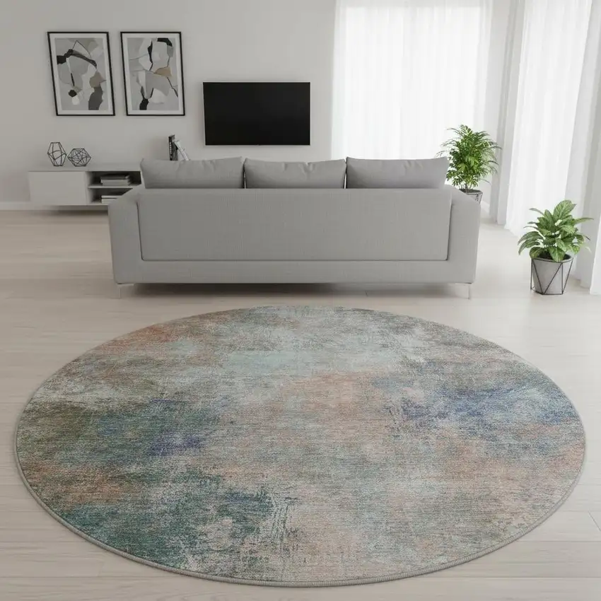8' Copper And Blue Abstract Washable Round Rug With UV Protection Photo 2