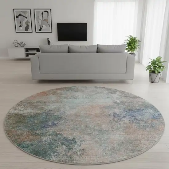 8' Copper And Blue Abstract Washable Round Rug With UV Protection Photo 2