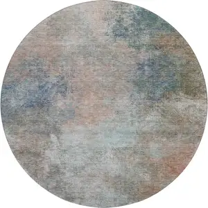 Photo of 8' Copper And Blue Abstract Washable Round Rug With UV Protection