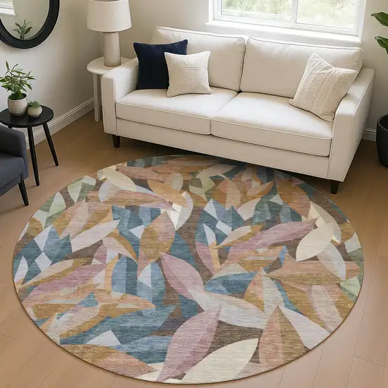 8' Copper And Blue Round Floral Washable Indoor Outdoor Area Rug Photo 5