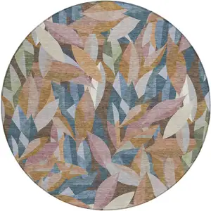 Photo of 8' Copper And Blue Round Floral Washable Indoor Outdoor Area Rug