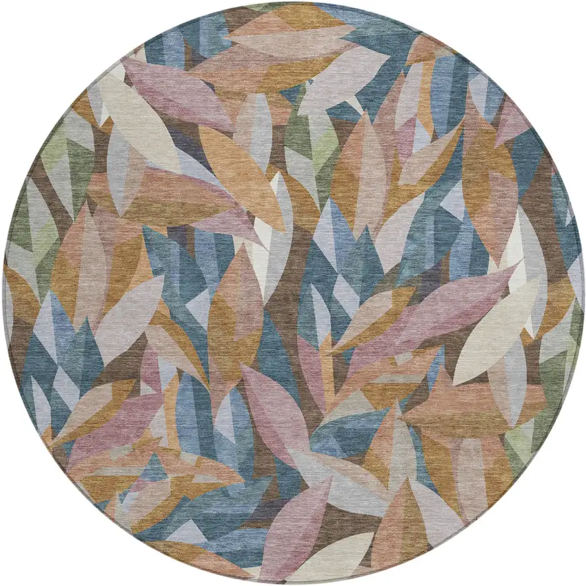 8' Copper And Blue Round Floral Washable Indoor Outdoor Area Rug Photo 1