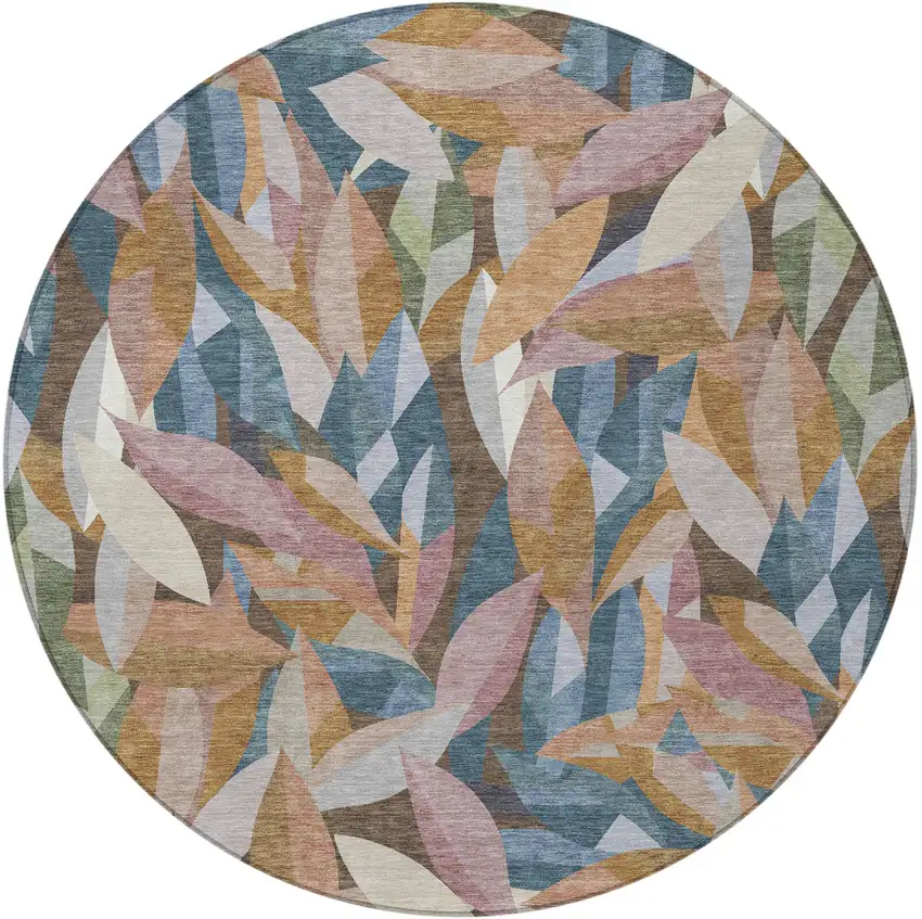 8' Copper And Blue Round Floral Washable Indoor Outdoor Area Rug Photo 3
