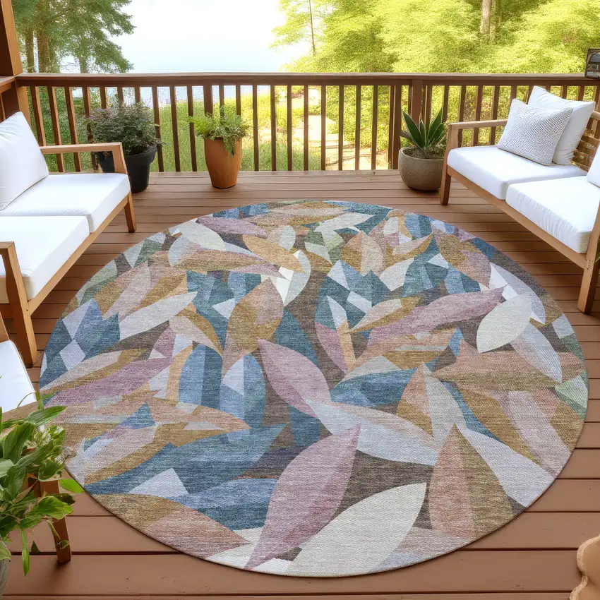 8' Copper And Blue Round Floral Washable Indoor Outdoor Area Rug Photo 4