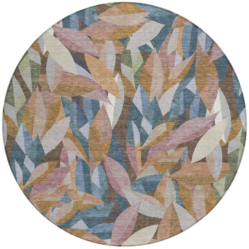 8' Copper And Blue Round Floral Washable Indoor Outdoor Area Rug Photo 2