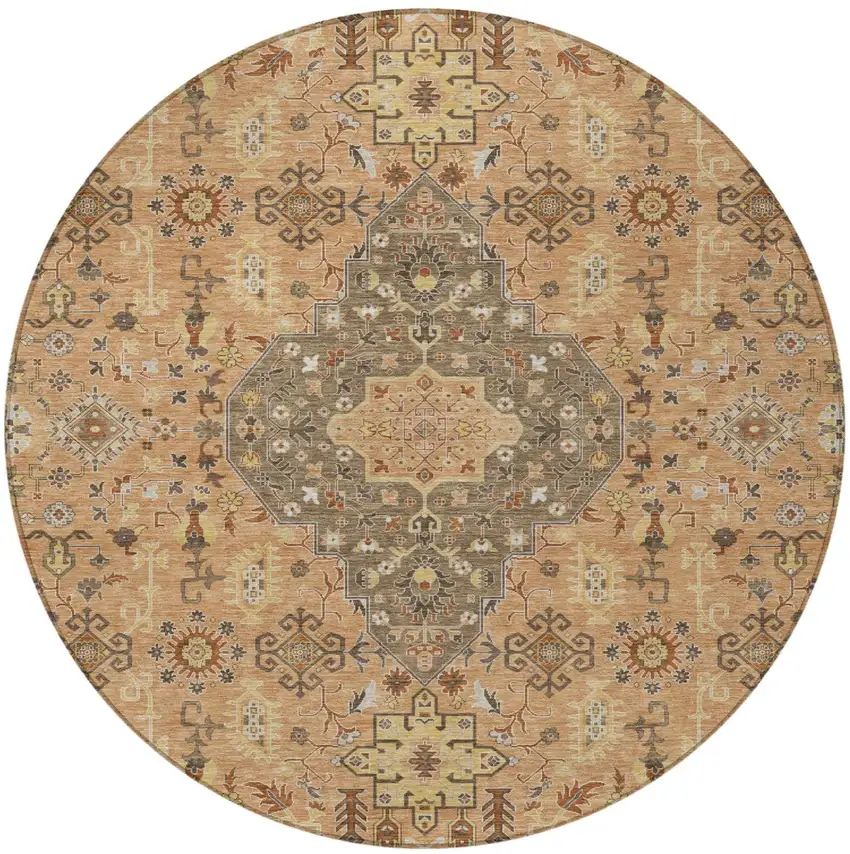 8' Copper And Blue Round Medallion Washable Indoor Outdoor Area Rug Photo 4