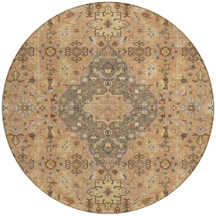 8' Copper And Blue Round Medallion Washable Indoor Outdoor Area Rug Photo 3