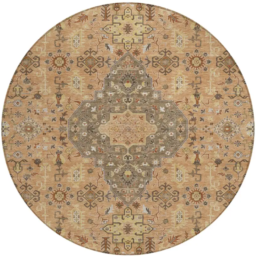 8' Copper And Blue Round Medallion Washable Indoor Outdoor Area Rug Photo 2