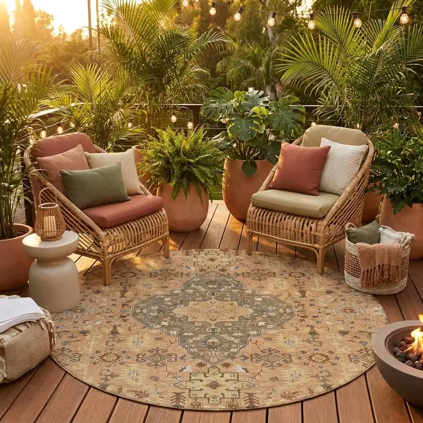 8' Copper And Blue Round Medallion Washable Indoor Outdoor Area Rug Photo 1