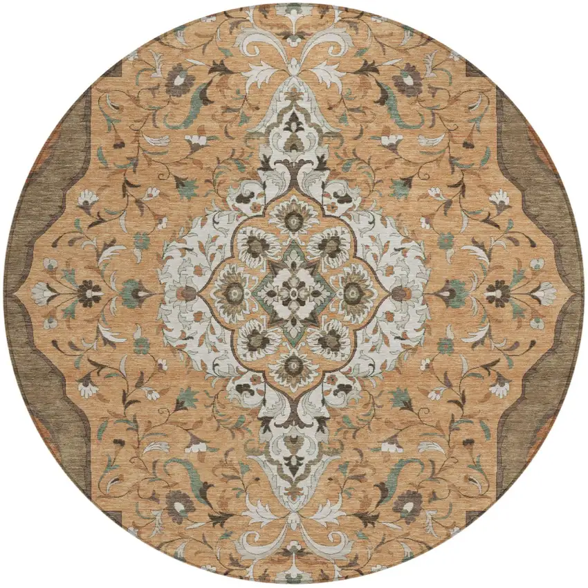 8' Copper And Blue Round Medallion Washable Indoor Outdoor Area Rug Photo 2