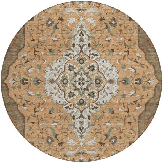 8' Copper And Blue Round Medallion Washable Indoor Outdoor Area Rug Photo 2