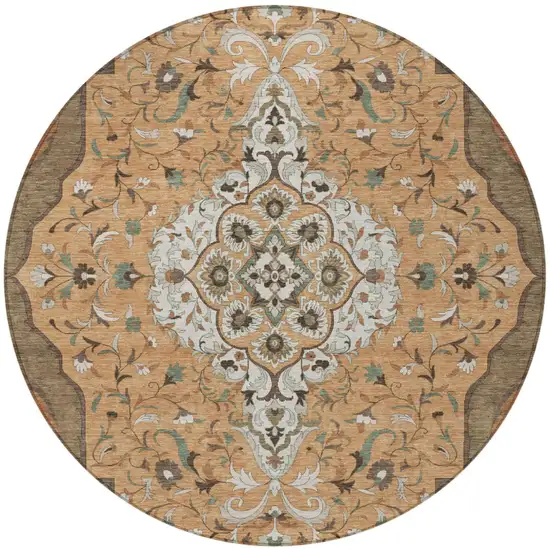 8' Copper And Blue Round Medallion Washable Indoor Outdoor Area Rug Photo 4