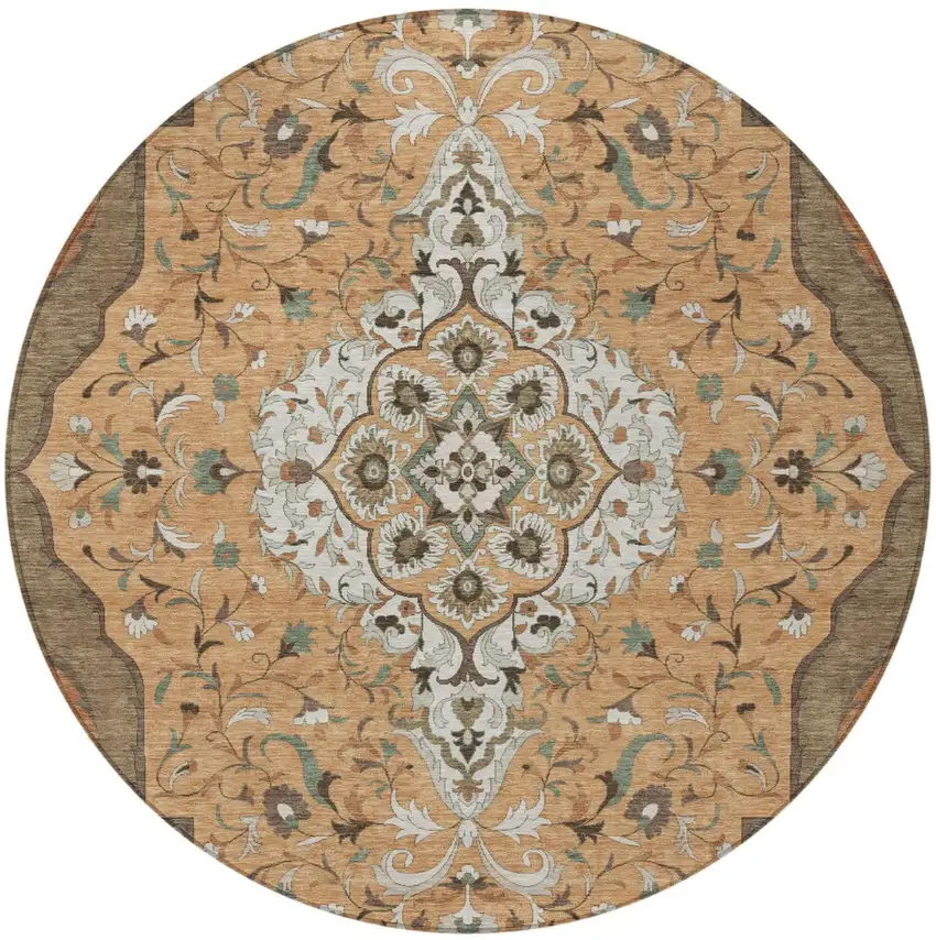 8' Copper And Blue Round Medallion Washable Indoor Outdoor Area Rug Photo 4